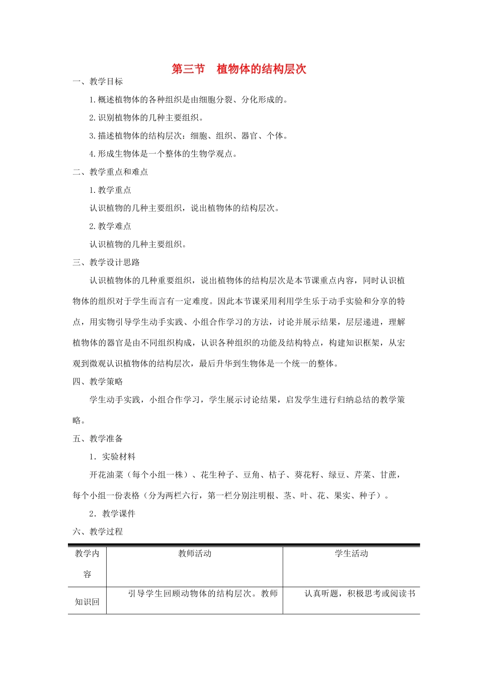 七年级生物上 2.2.2 植物体的结构层次教学设计 新人教版-新人教版初中七年级全册生物教案_第1页
