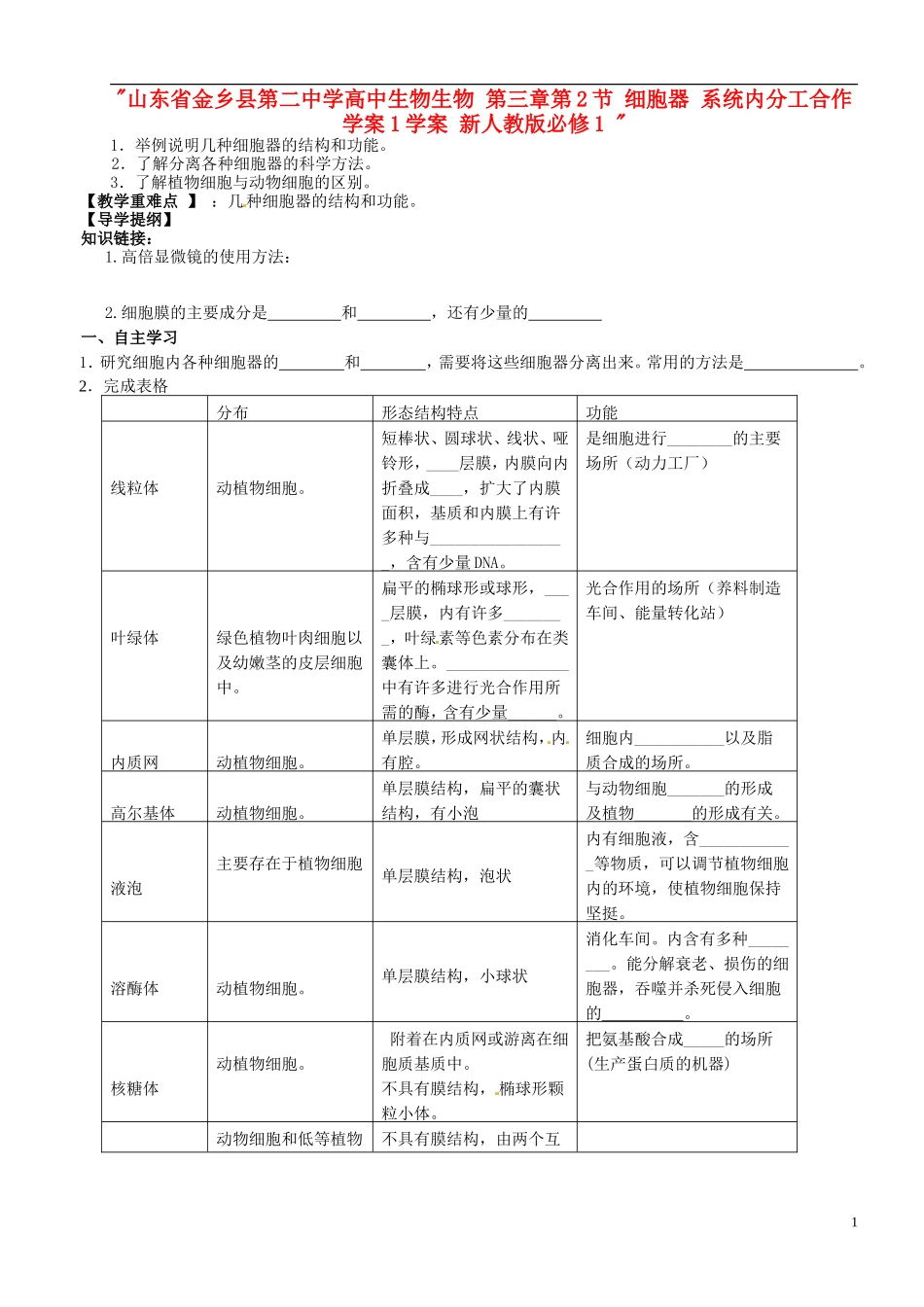 山东省金乡县第二中学高中生物生物 第三章第2节 细胞器 系统内分工合作学案1学案 新人教版必修1 _第1页
