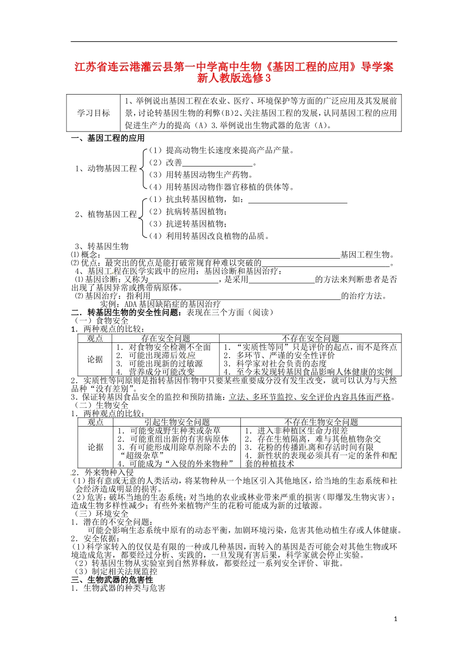 江苏省连云港灌云县第一中学高中生物《基因工程的应用》导学案 新人教版选修3_第1页