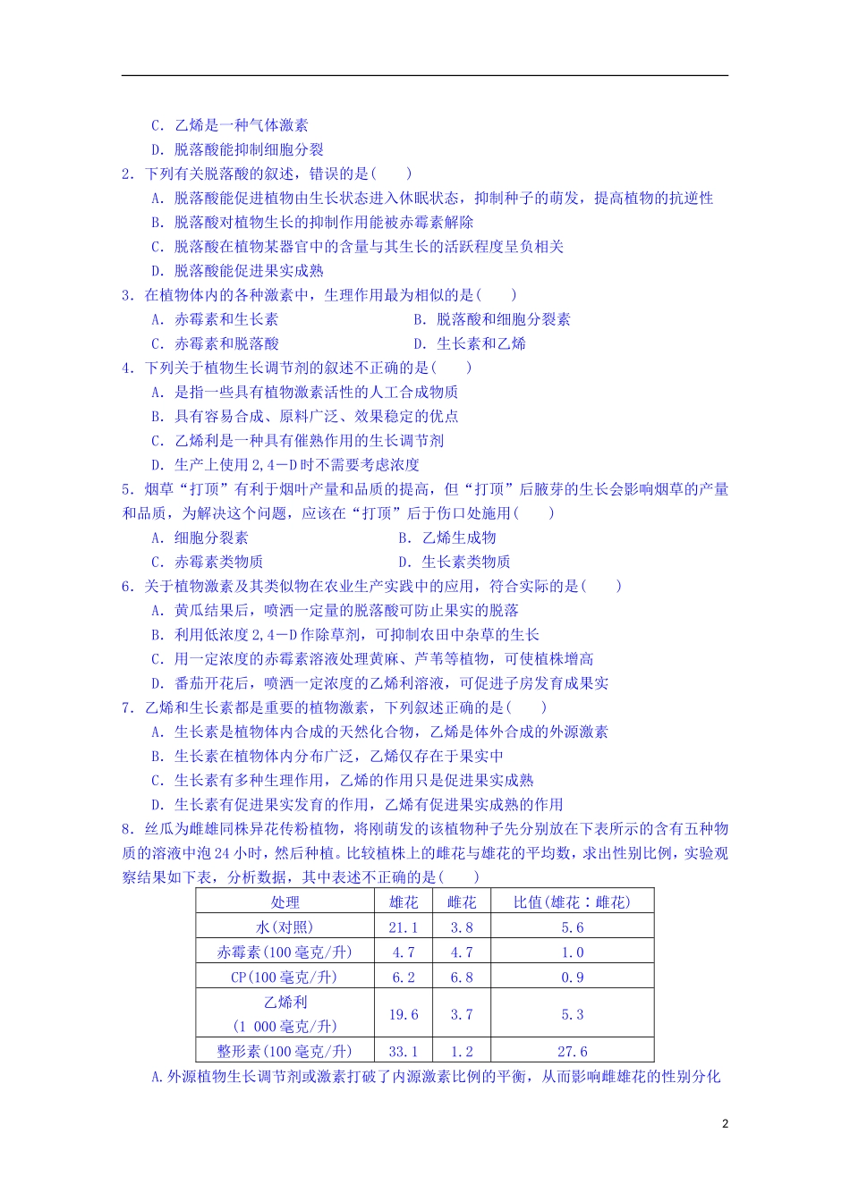 陕西省榆林市育才中学高中生物 第二章 第3节 植物生命活动的调节 第3课时 其他植物激素导学案 新人教版必修3_第2页