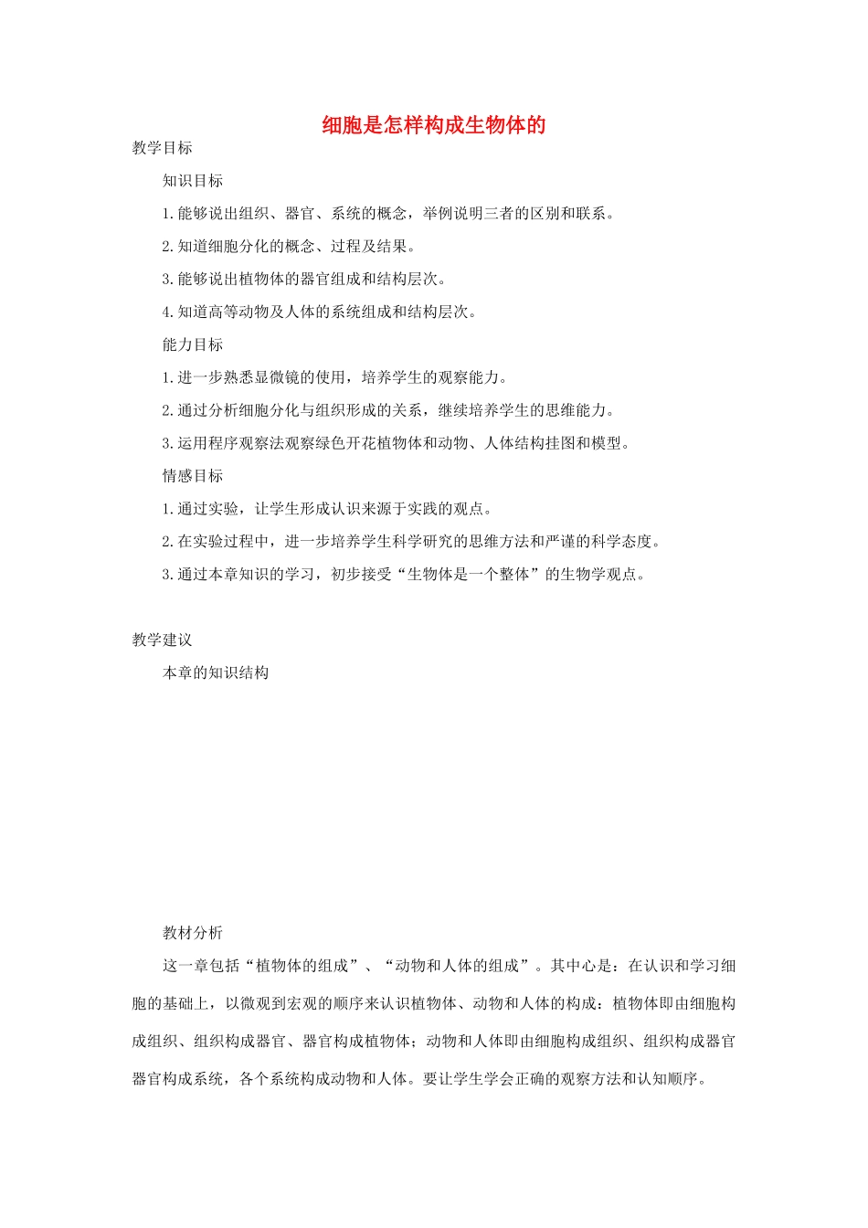七年级生物《细胞是怎样构成生物体的》教案_第1页