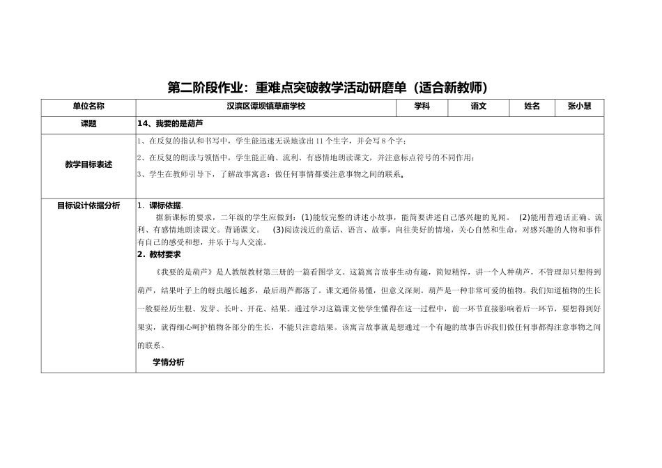 张小慧【中小学作业表单】第二阶段作业：重难点突破教学活动研磨单(适合新教师)_第1页