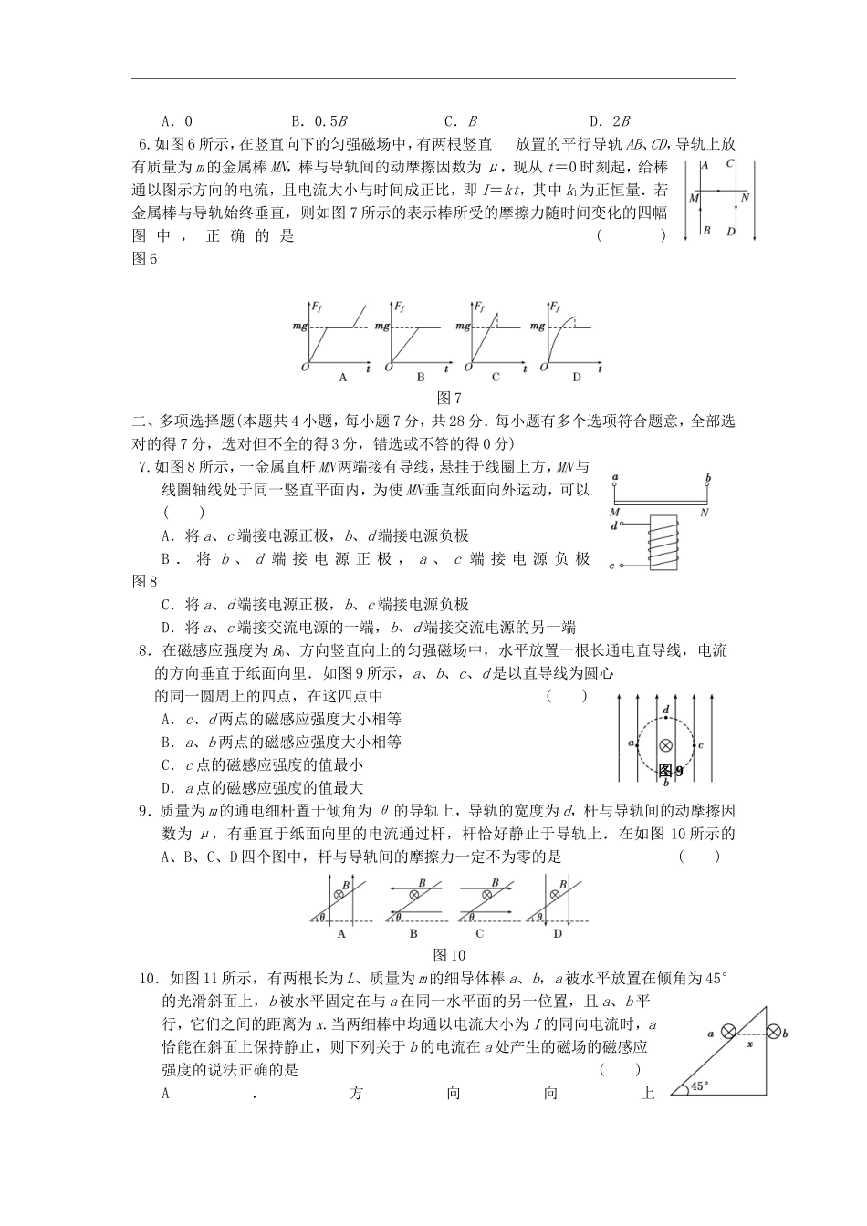 江苏省2012届高三高考物理一轮复习精选精练跟踪练习--第八章--第1单元-磁场的描述---磁场对电流的作用_第2页