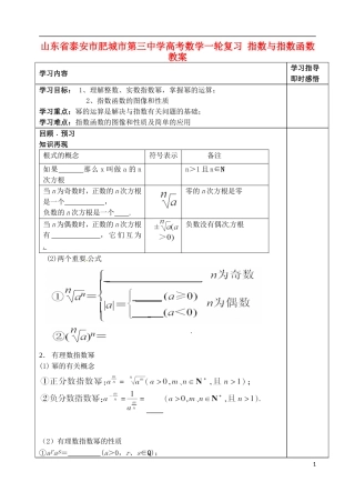 山东省泰安市肥城市第三中学高考数学一轮复习 指数与指数函数教案