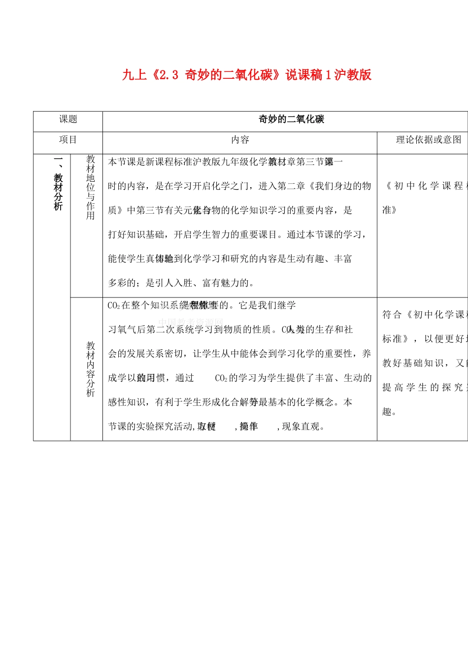 九年级化学上《2.3 奇妙的二氧化碳》说课稿1沪教版_第1页