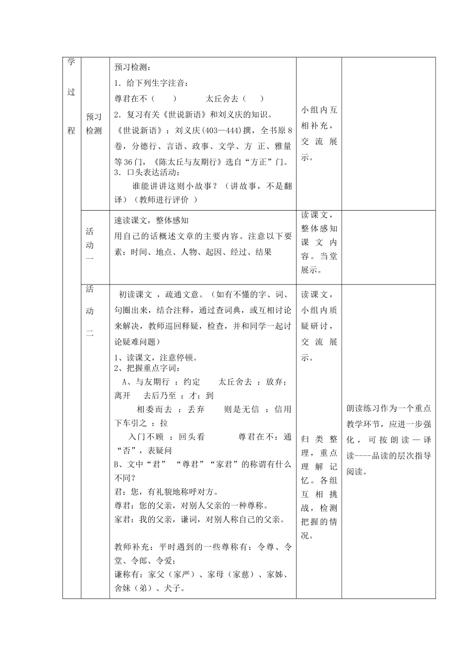 六年级语文上册 第二单元 第12课《世说新语两则》陈太丘与友期教学设计 鲁教版五四制-鲁教版五四制小学六年级上册语文教案_第2页