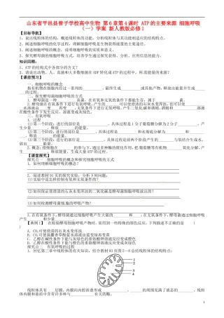 山东省平邑县曾子学校高中生物 第6章第4课时 ATP的主要来源 细胞呼吸（一）学案 新人教版必修1