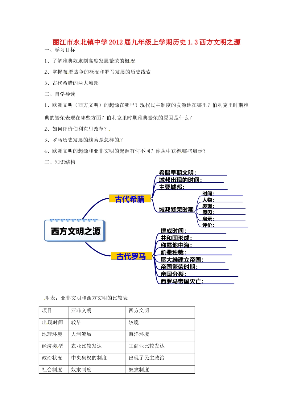 云南省丽江市永北镇中学2012届九年级历史上册 1.3西方文明之源教案 人教新课标版_第1页