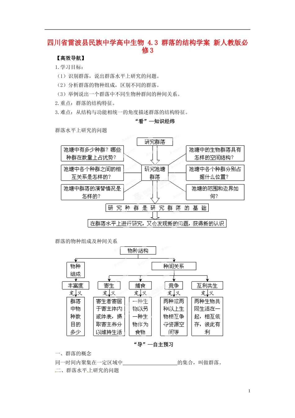 四川省雷波县民族中学高中生物 4.3 群落的结构学案 新人教版必修3_第1页