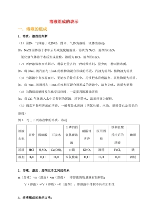 九年级化学 溶液组成的表示 教案人教版