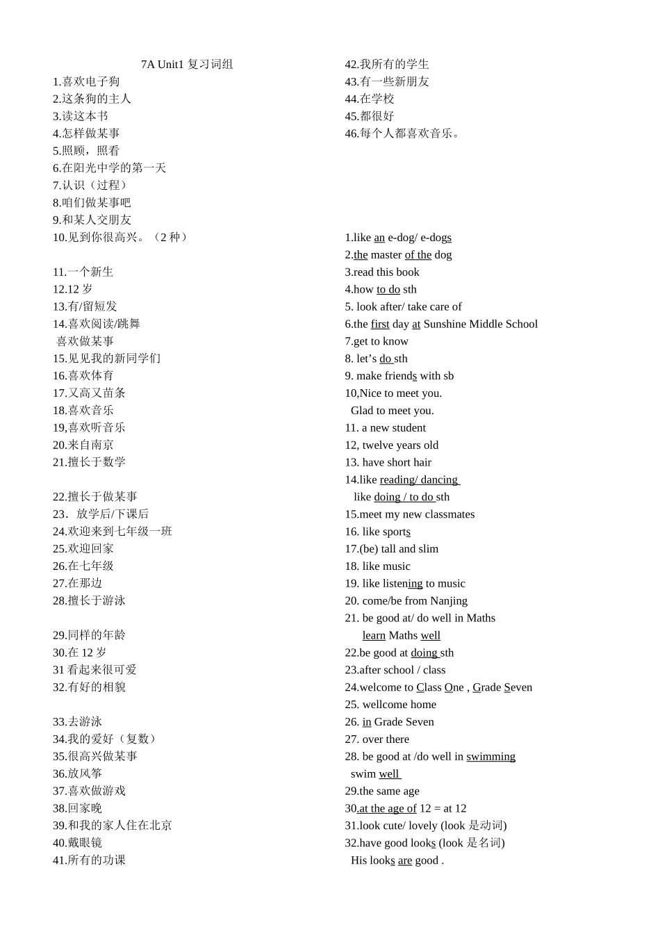 7AUnit1-4复习词组_第1页