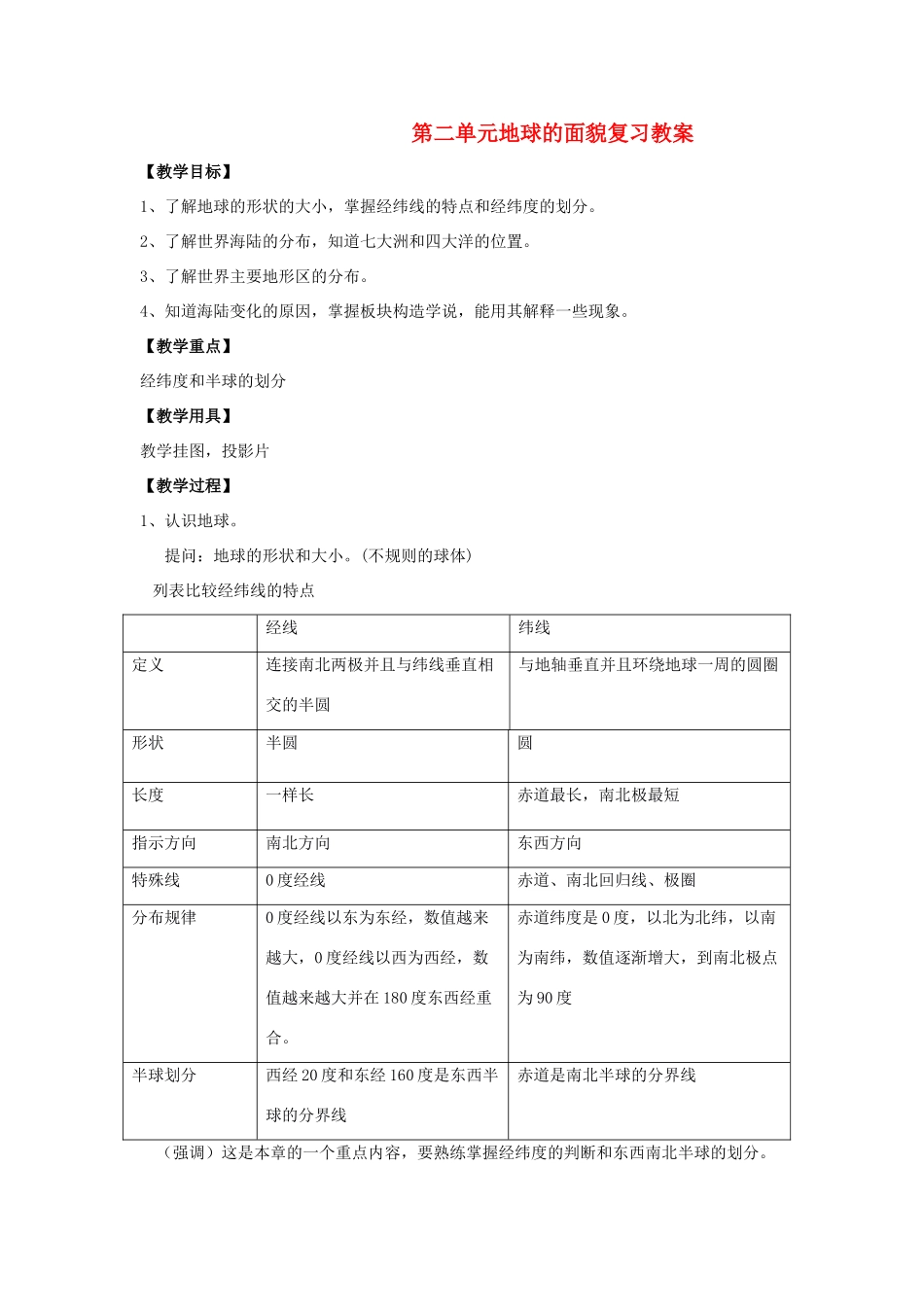 七年级地理上：第二单元地球的面貌复习教案（湘教版）_第1页