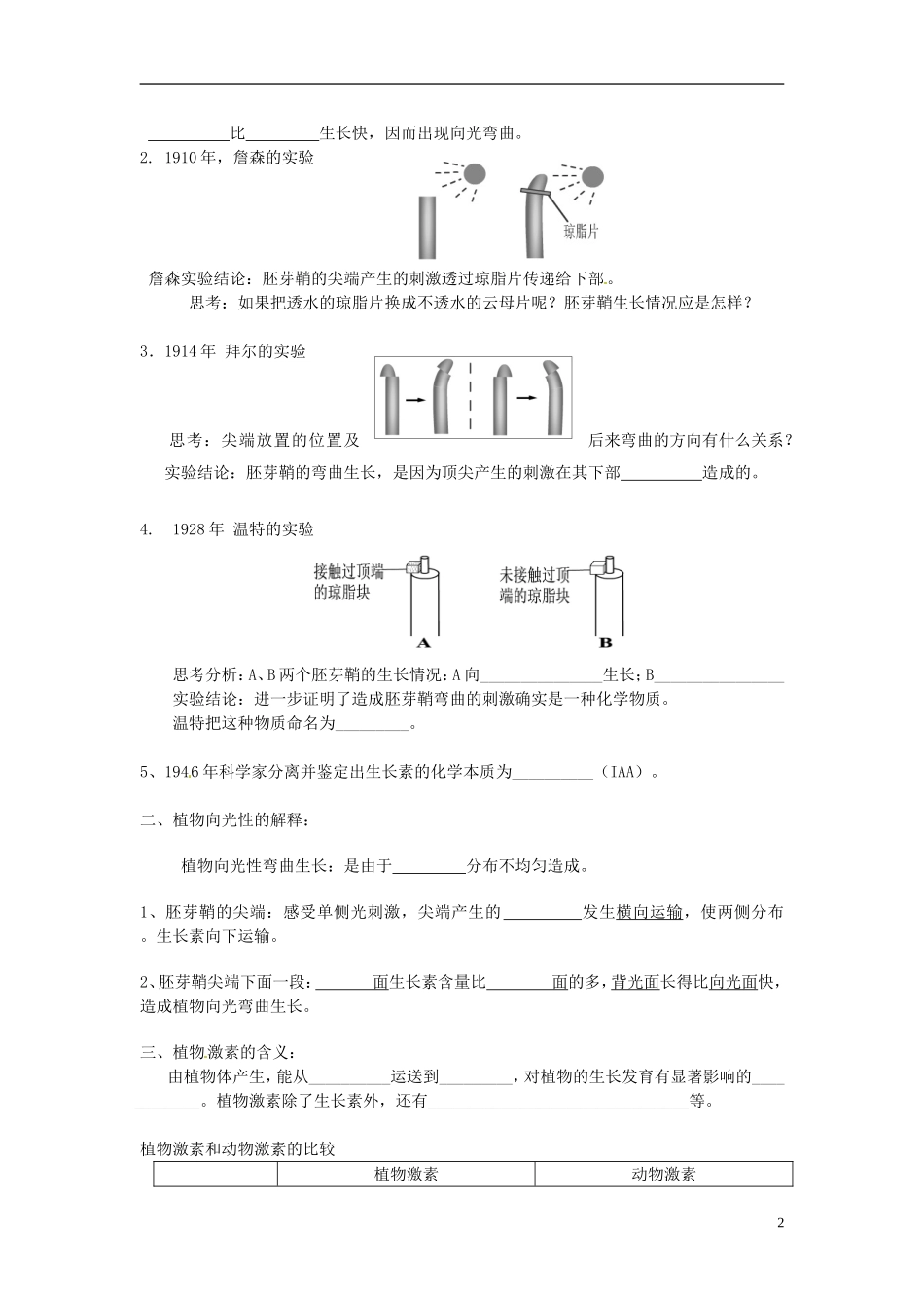 四川省宜宾市南溪二中高中生物 3-1 植物生长素的发现学案 新人教版必修3_第2页