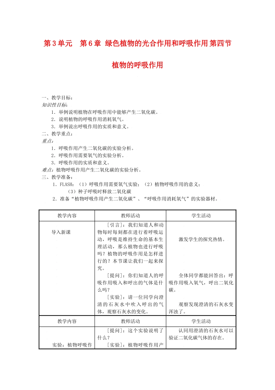 七年级生物上：第3单元  第6章 绿色植物的光合作用和呼吸作用 第四节  植物的呼吸作用教案苏教版_第1页