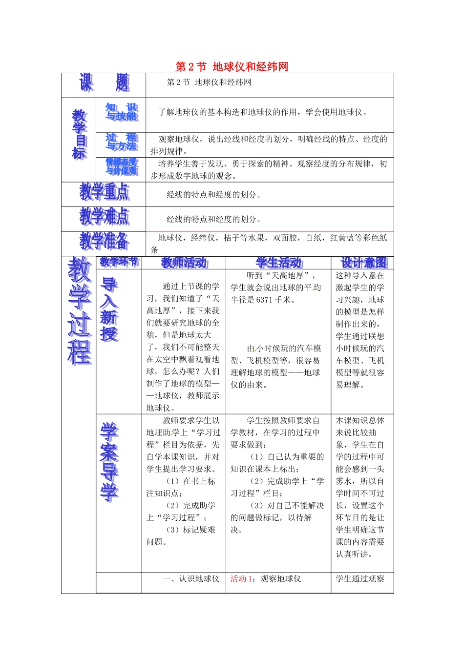 七年级地理上册 第1章 第2节 地球仪和经纬网（第1课时）教案 （新版）商务星球版_第1页
