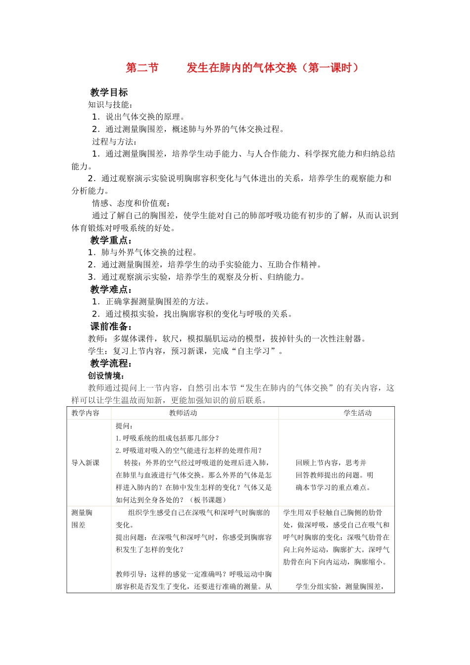 七年级生物 第二节 发生在肺内的气体交换教案 人教版_第1页