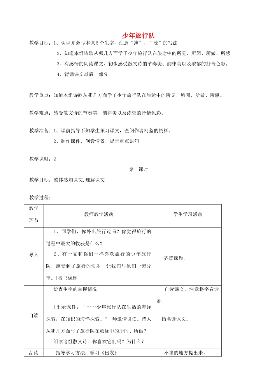 五年级语文下册 第十单元 我们去旅行 2 少年旅行队教案 北师大版-北师大版小学五年级下册语文教案_第1页