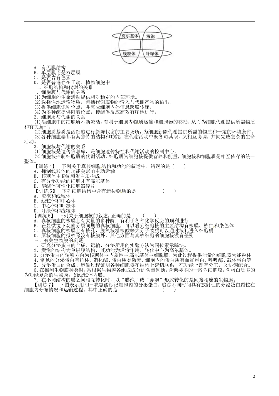山东省平邑县曾子学校高中生物 第3章 细胞的基本结构章末复习学案 新人教版必修1_第2页