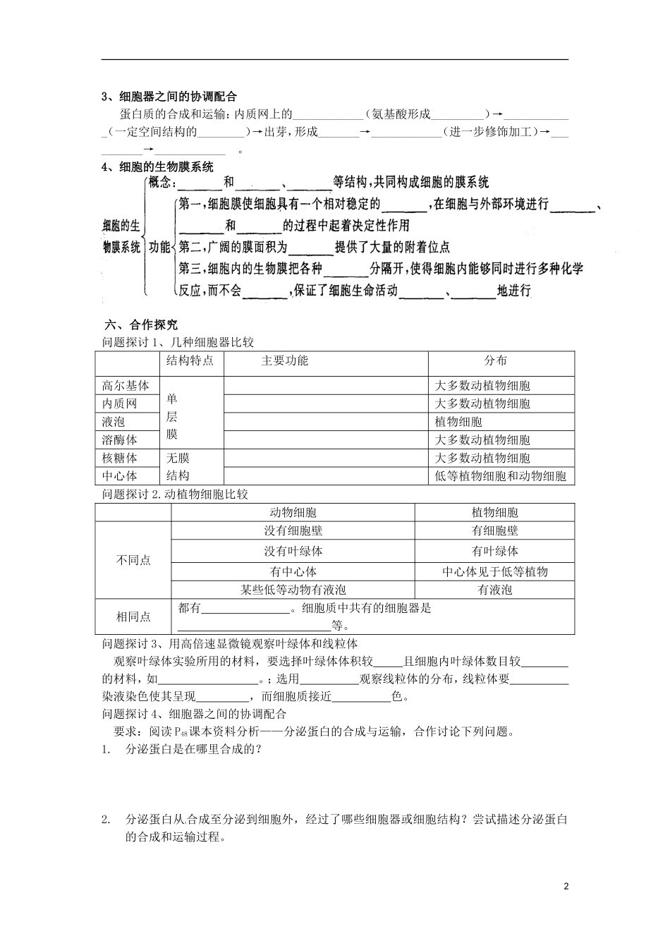 山东省文登市教育教学研究培训中心高中生物 第3章 细胞的基本结构细胞器 系统内的分工合作学案 新人教版必修2_第2页