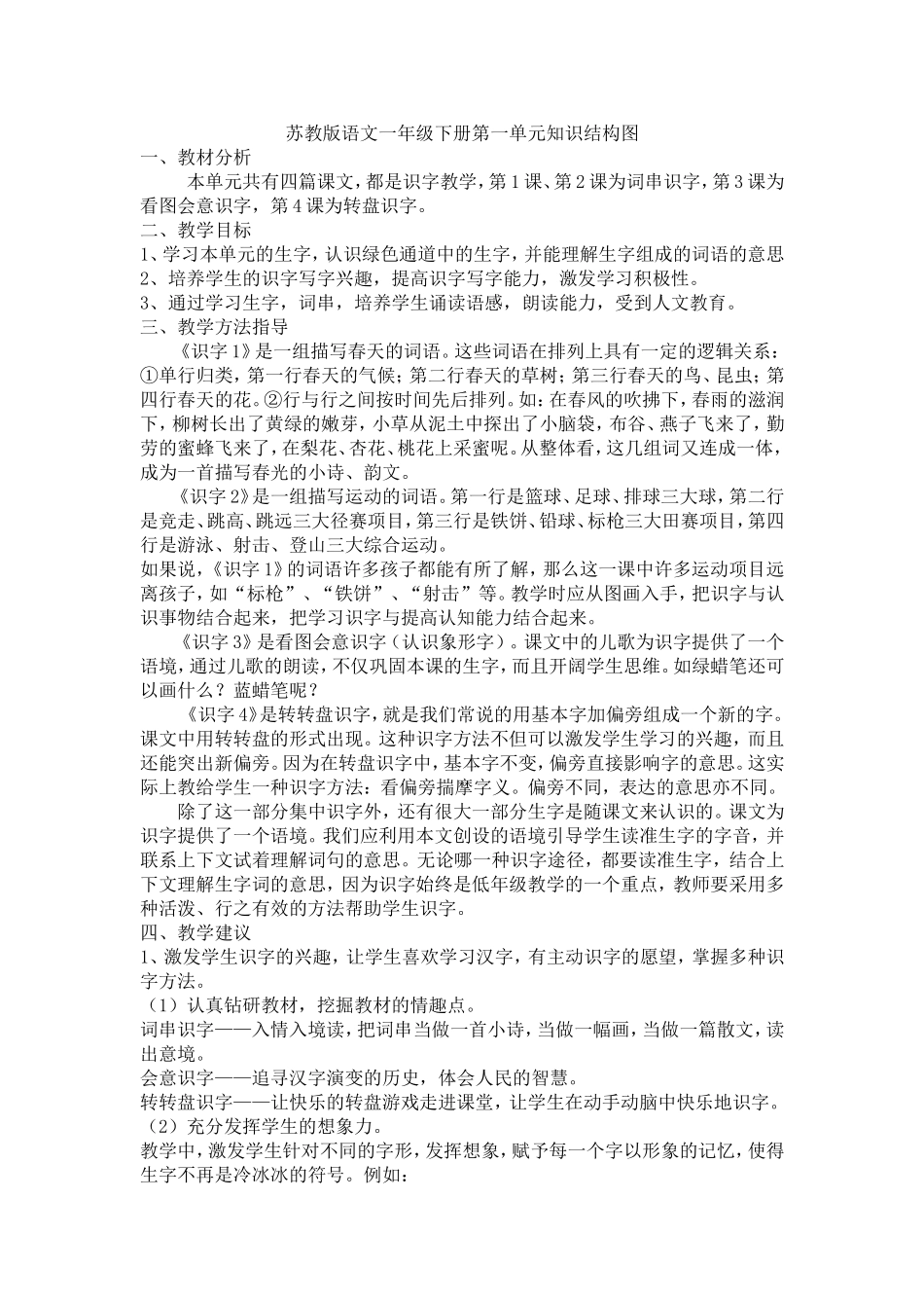 王素萍：苏教版语文一年级下册第一单元教材分析_第1页