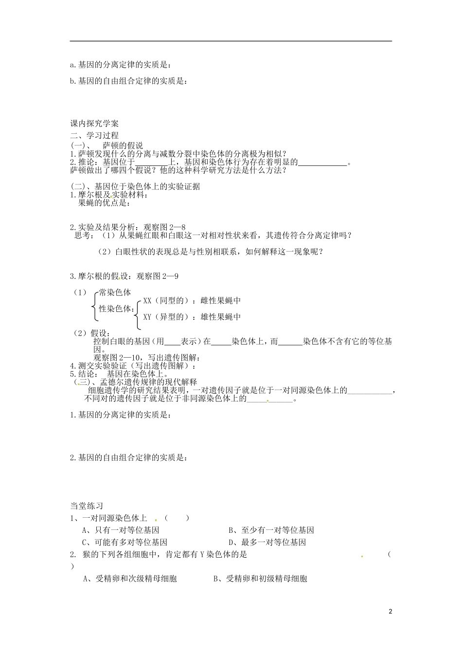 陕西省咸阳市泾阳县云阳中学高中生物 2.2 基因在染色体上导学案 新人教版必修2 _第2页