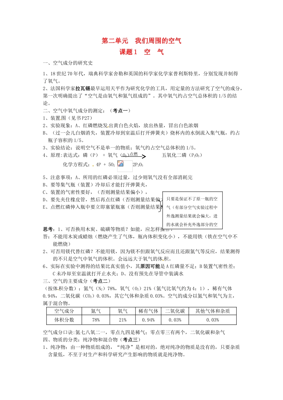 九年级化学上册 第二单元 我们周围的空气《课题1 空气》考点复习教案 新人教版_第1页