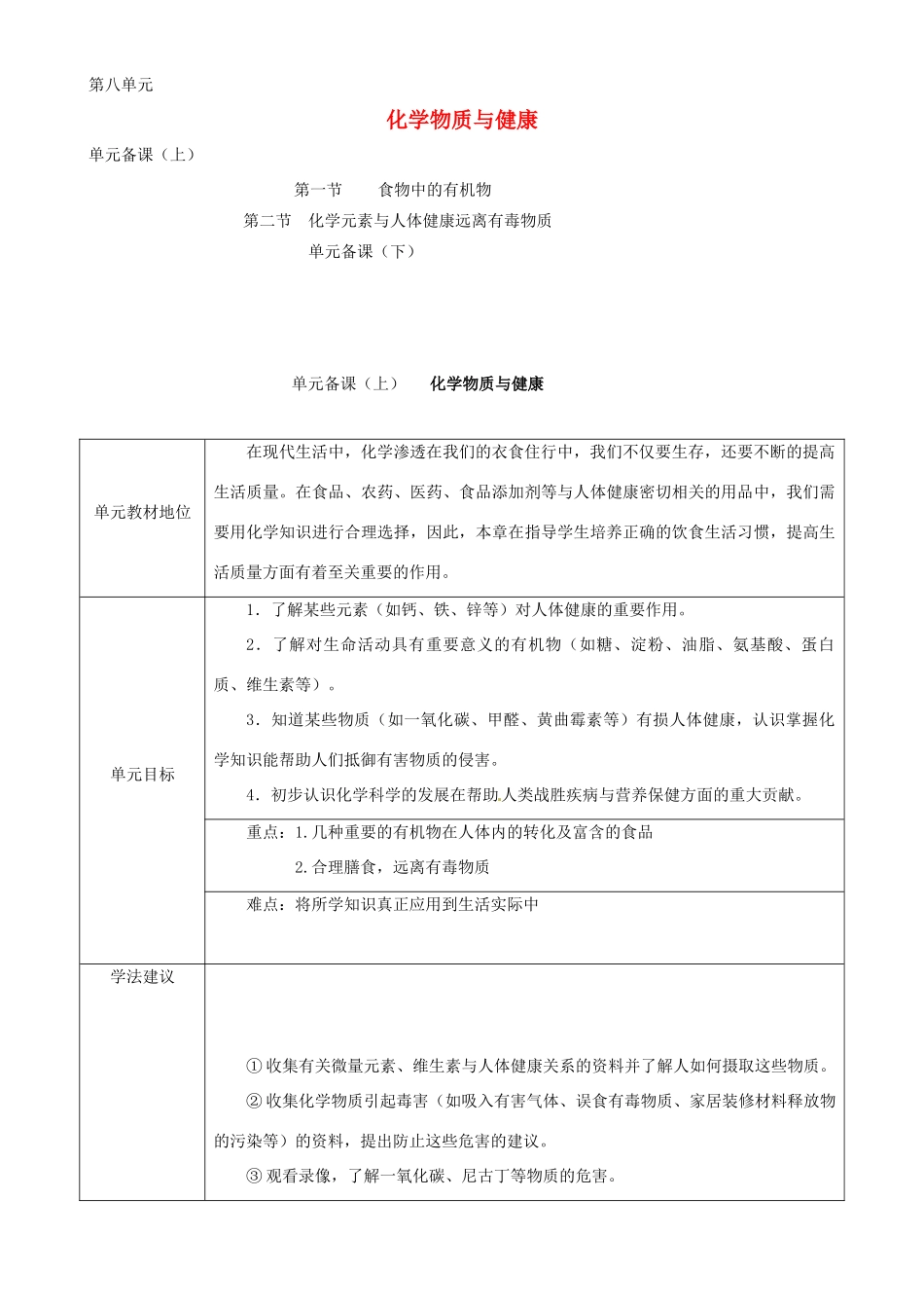 九年级化学上册 第8单元化学物质与健康 教案 鲁教版_第1页
