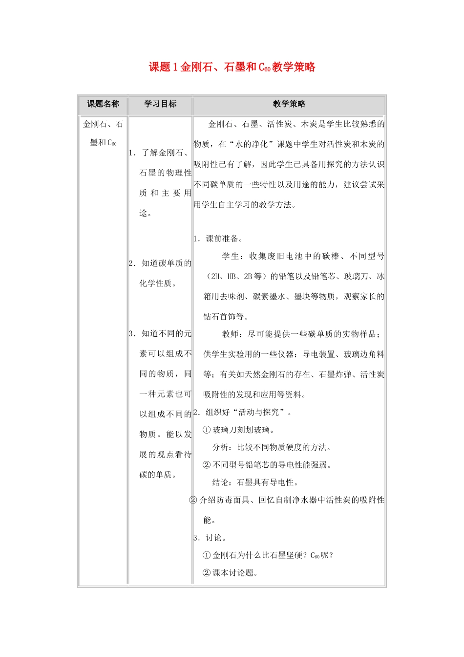 九年级化学 课题1金刚石、石墨和C60 教学策略教案 人教新课标版_第1页