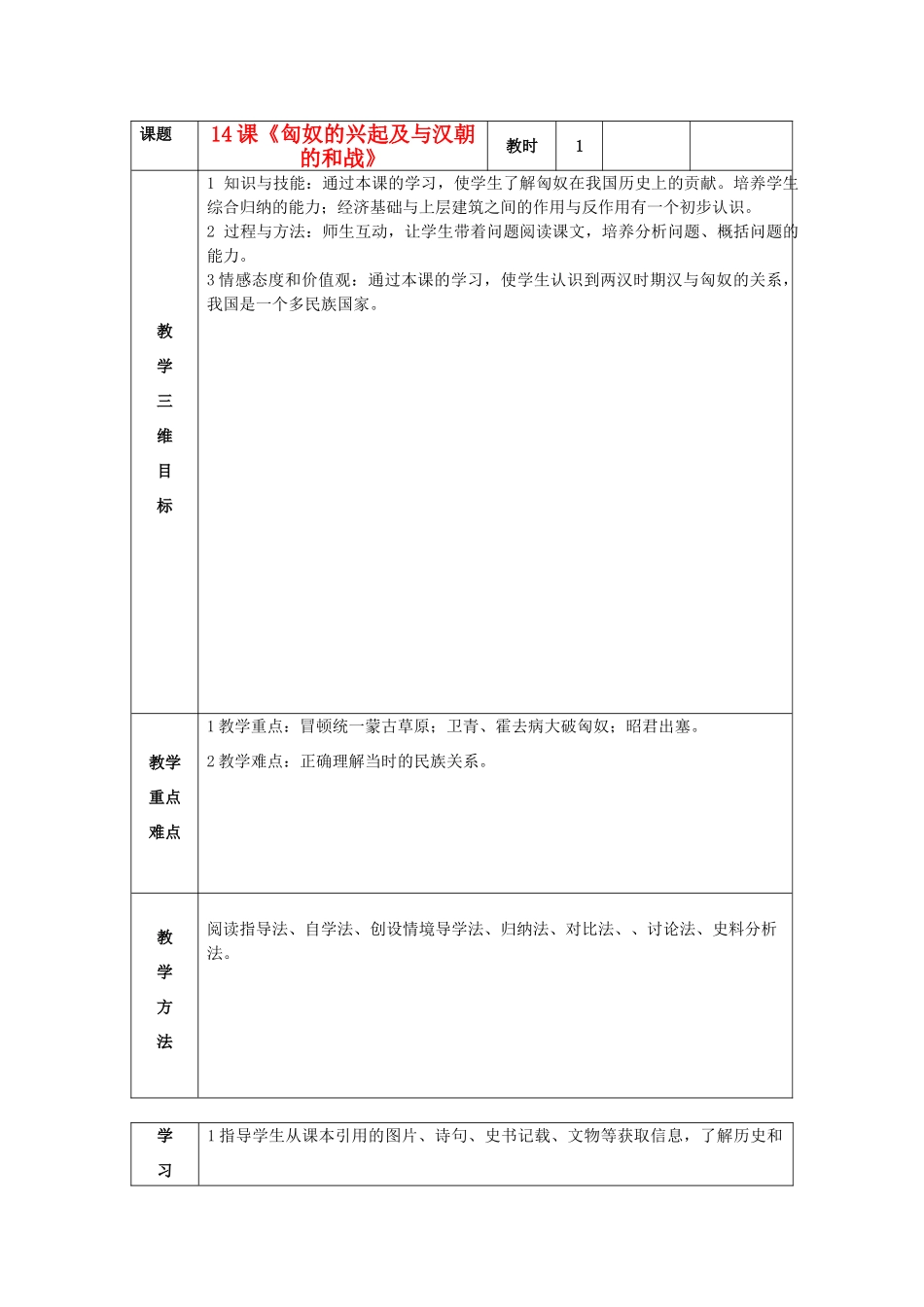 七年级历史上册 第14课 匈奴的兴起及与汉朝的和战教案 新人教版_第1页