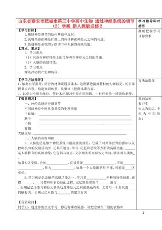 山东省泰安市肥城市第三中学高中生物 通过神经系统的调节（2）学案 新人教版必修2