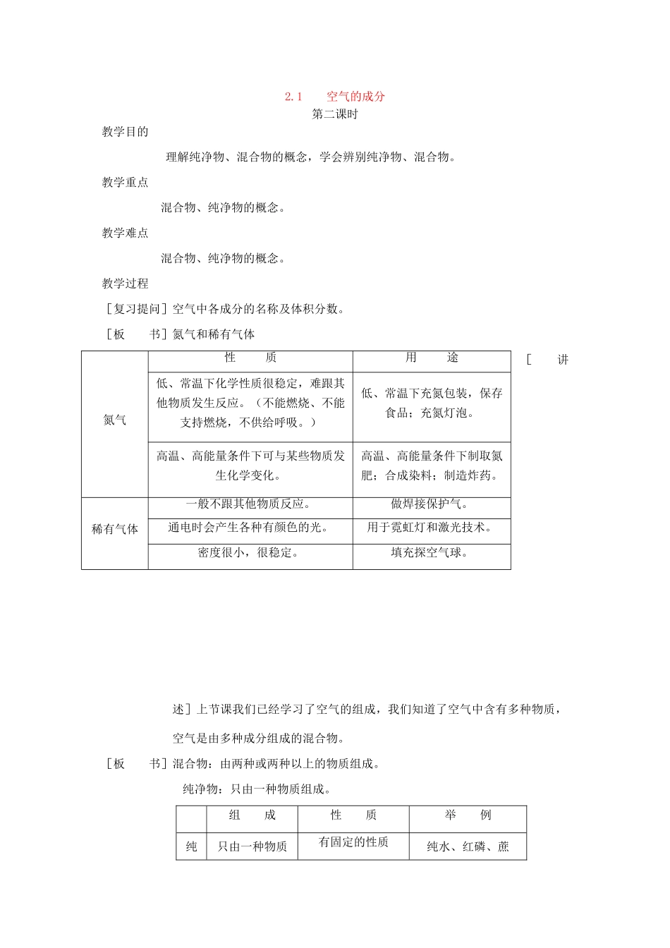 九年级化学《2.1空气的成分》（第二课时）教案粤教版_第1页