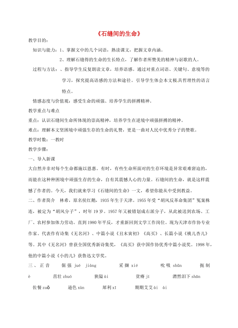 金识源秋六年级语文上册 第一单元 4《石缝间的生命》教案 鲁教版五四制-鲁教版五四制小学六年级上册语文教案_第1页