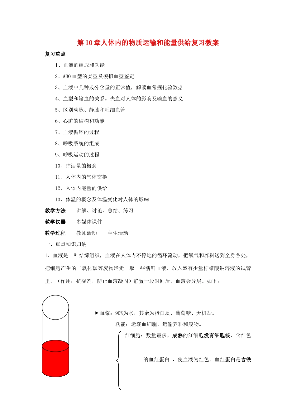七年级生物下：第10章人体内的物质运输和能量供给复习教案苏教版_第1页