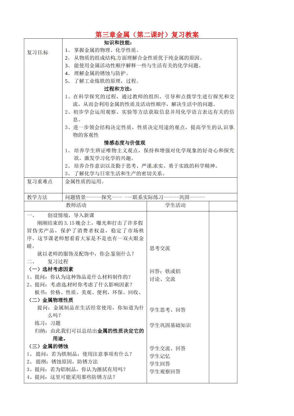 山东省文登市高村中学2012年秋九年级化学上册《金属》复习教案2 新人教版_第1页