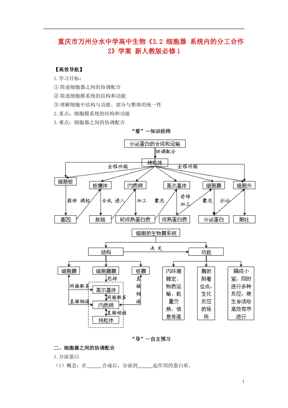 重庆市万州分水中学高中生物《3.2 细胞器 系统内的分工合作2》学案 新人教版必修1_第1页