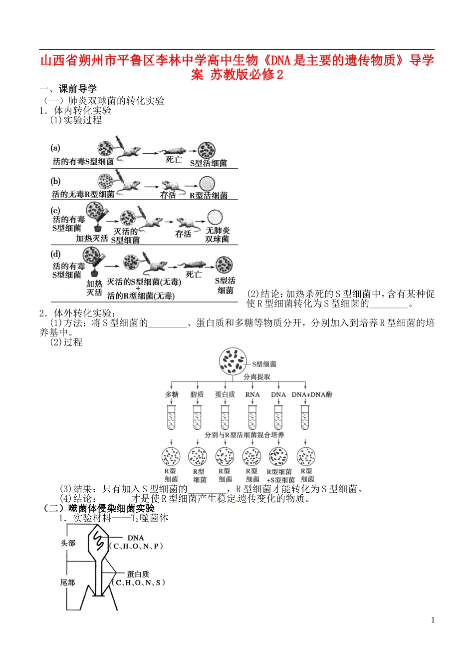 山西省朔州市平鲁区李林中学高中生物《DNA是主要的遗传物质》导学案 苏教版必修2_第1页