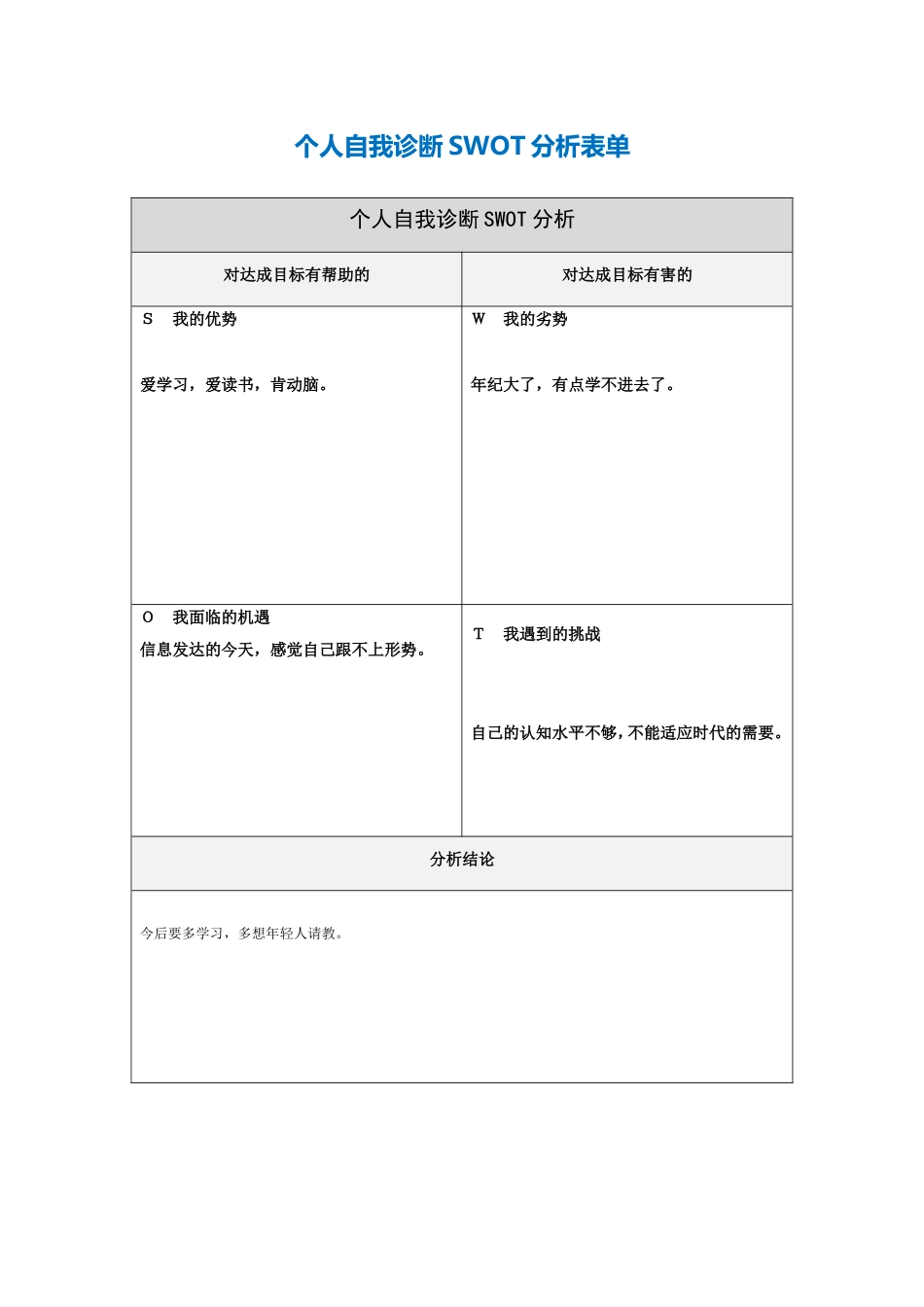 个人自我诊断SWOT分析表.doc11_第1页