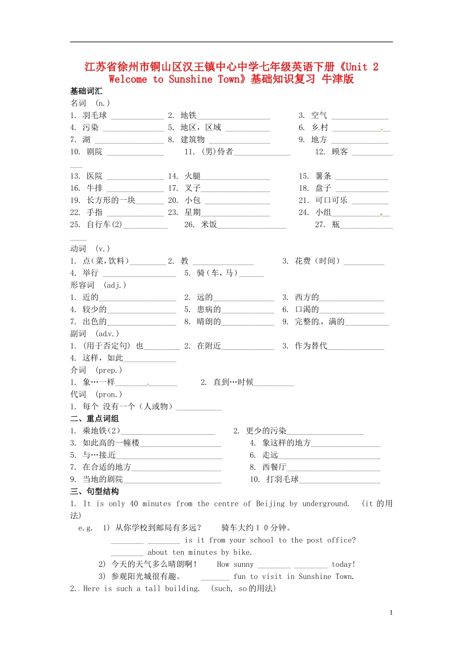 江苏省徐州市铜山区汉王镇中心中学七年级英语下册《Unit-2-Welcome-to-Sunshine-Town》基础知识复习(无答_第1页