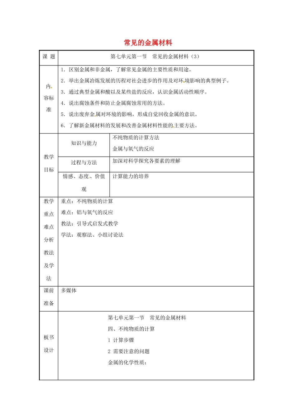 九年级化学 第七单元第一节 常见的金属材料教案（第三课时） 鲁教版_第1页