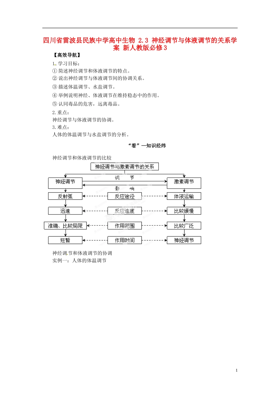 四川省雷波县民族中学高中生物 2.3 神经调节与体液调节的关系学案 新人教版必修3_第1页