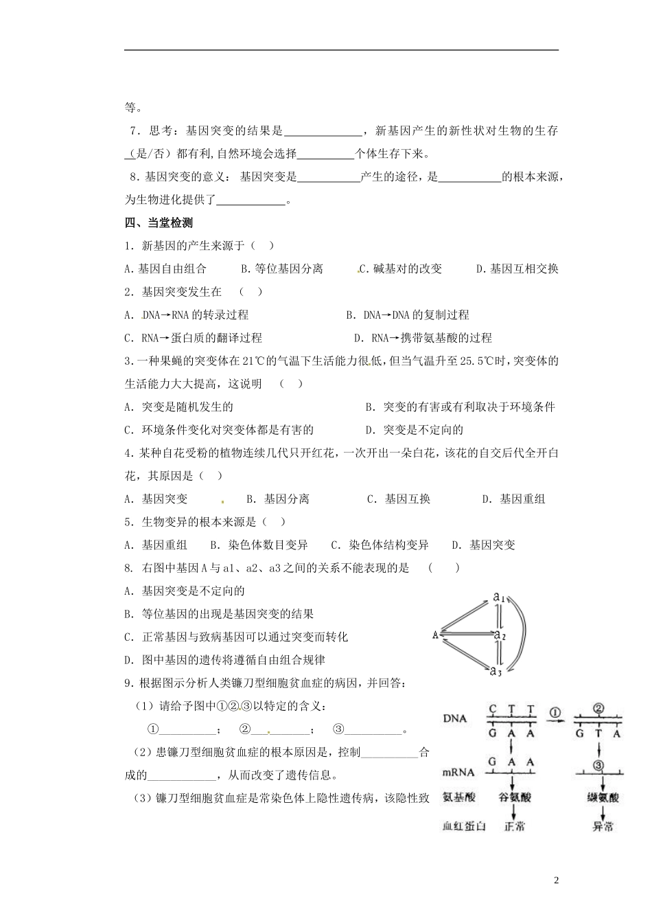 江苏省赣榆县海头高级中学高中生物《441基因突变第一课时徐》导学案 新人教版必修2_第2页
