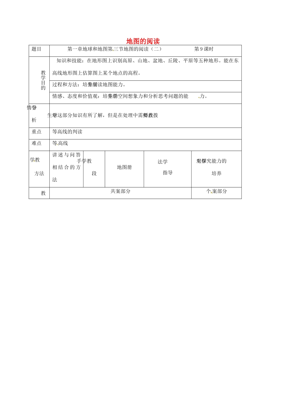 七年级地理上册 第1章 第3节 地图的阅读（二）教案 （新版）新人教版-（新版）新人教版初中七年级上册地理教案_第1页