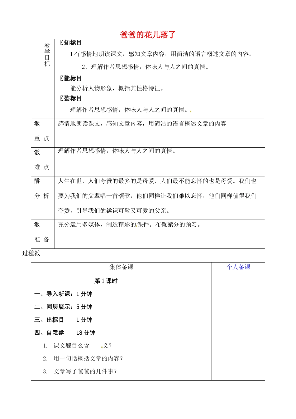 山东省淄博市临淄区第八中学六年级语文下册 8 爸爸的花儿落了（第1课时）教学设计 鲁教版五四制_第1页