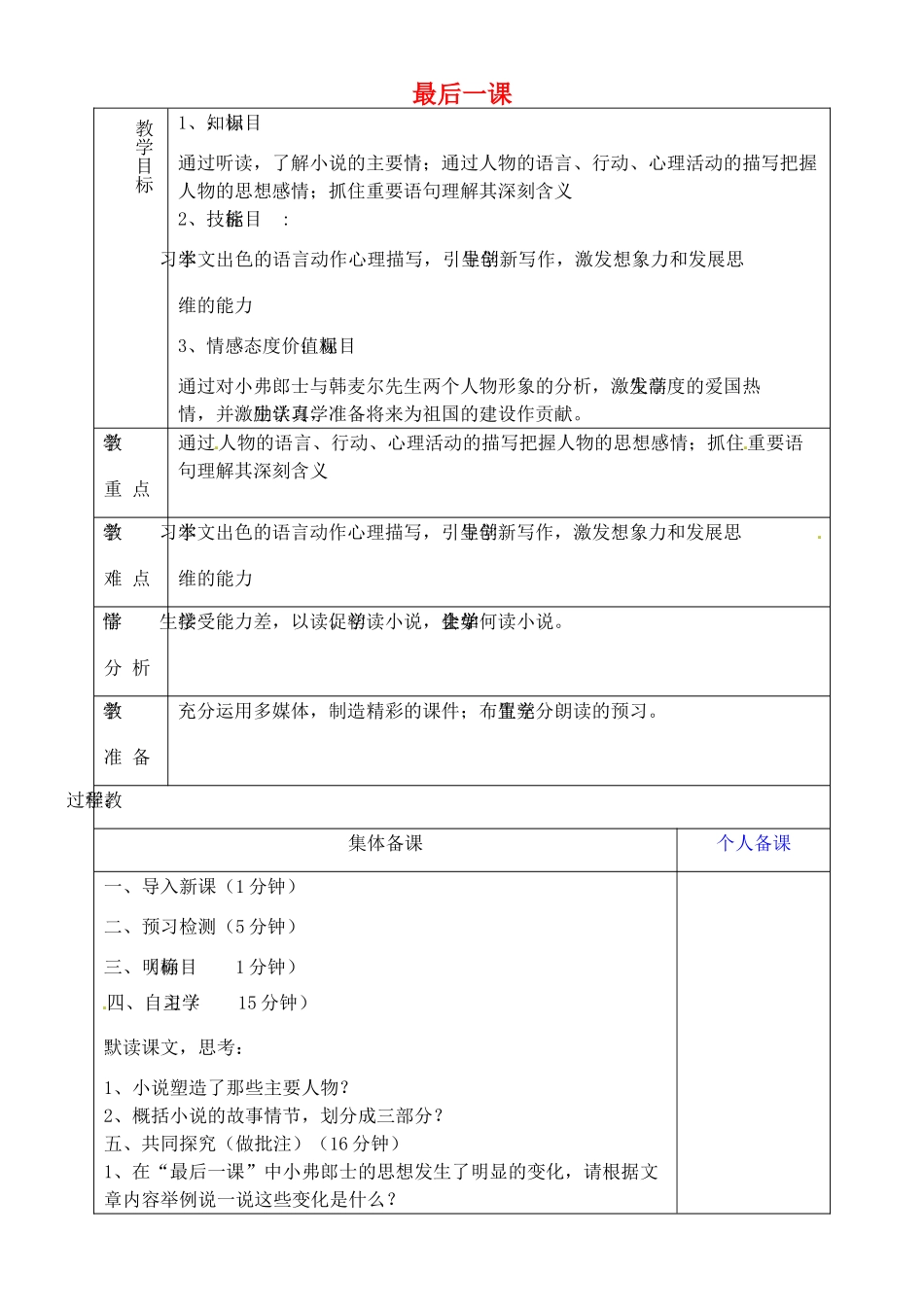 山东省淄博市临淄区第八中学六年级语文下册 14 最后一课（第1课时）教学设计 鲁教版五四制_第1页
