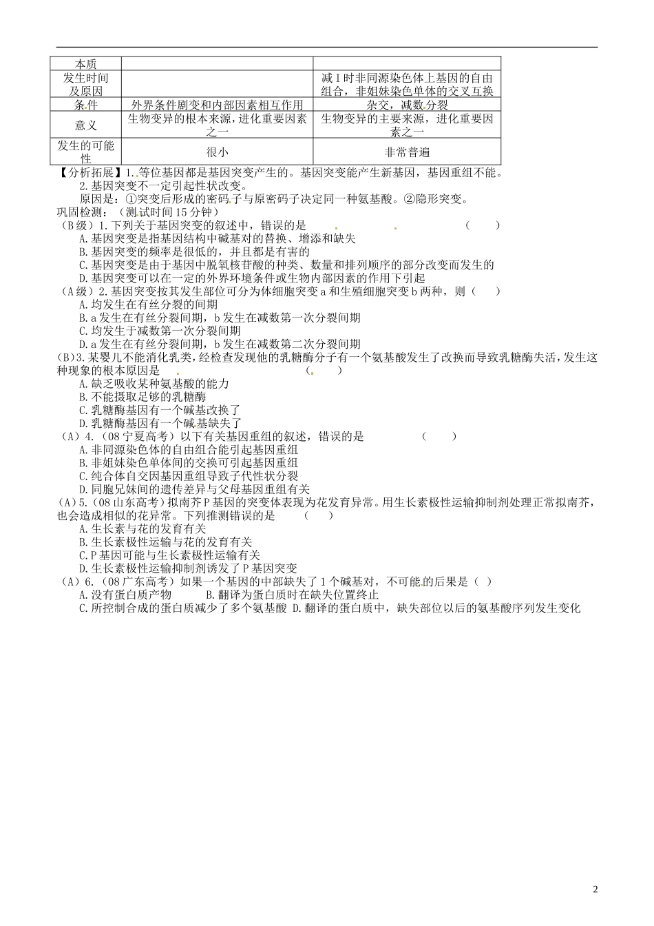 山东省新泰市汶城中学高二生物《基因突变和基因重组》学案 人教版_第2页