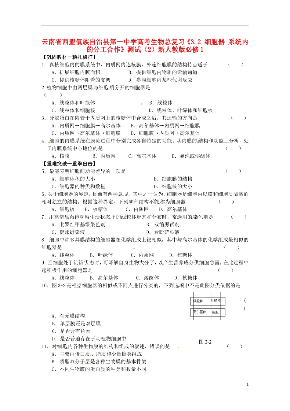 云南省西盟佤族自治县第一中学高考生物总复习《3.2 细胞器 系统内的分工合作》测试（2）新人教版必修1_第1页