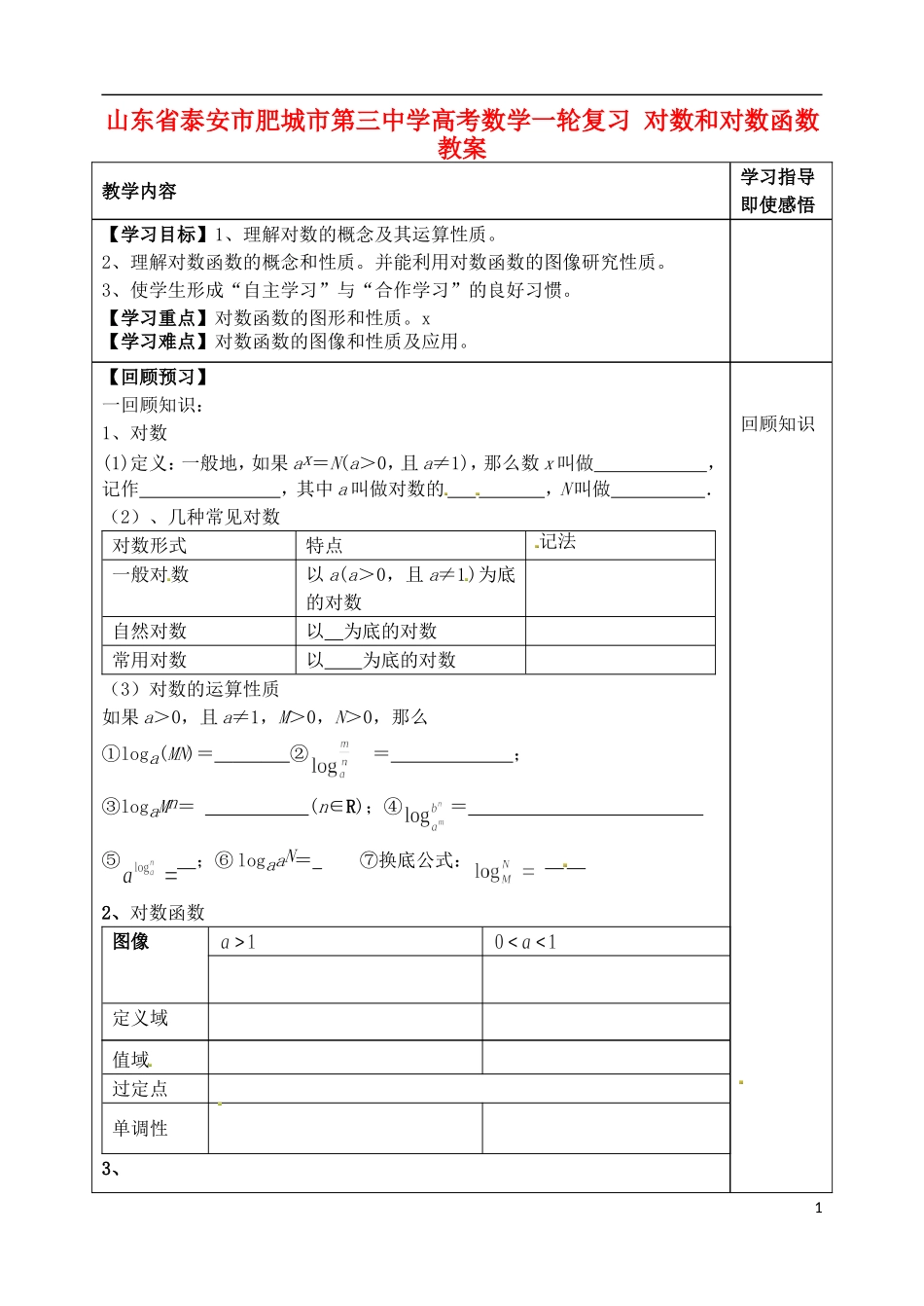 山东省泰安市肥城市第三中学高考数学一轮复习 对数和对数函数教案_第1页