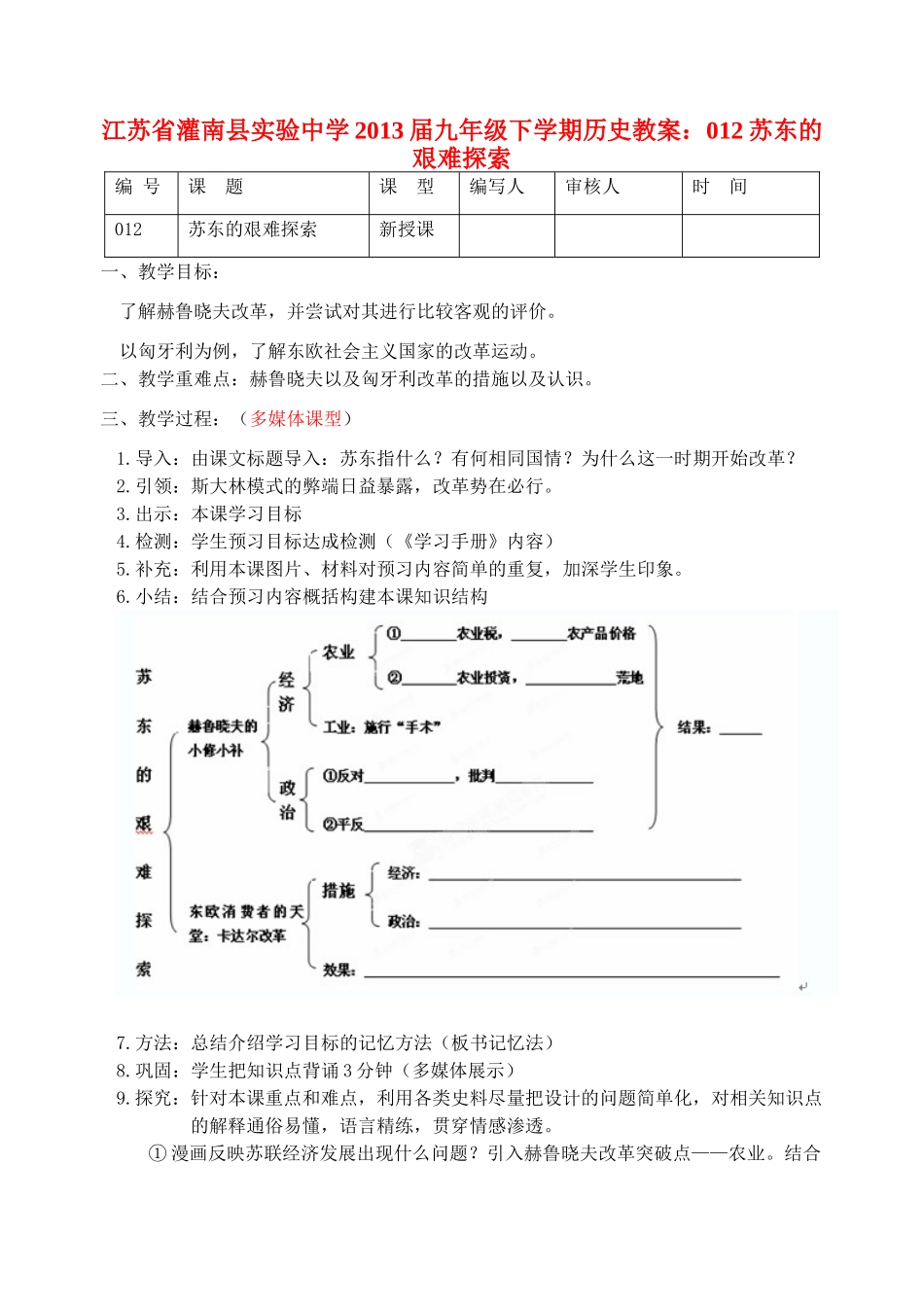 江苏省灌南县实验中学2013届九年级历史下册 苏东的艰难探索教案 北师大版_第1页