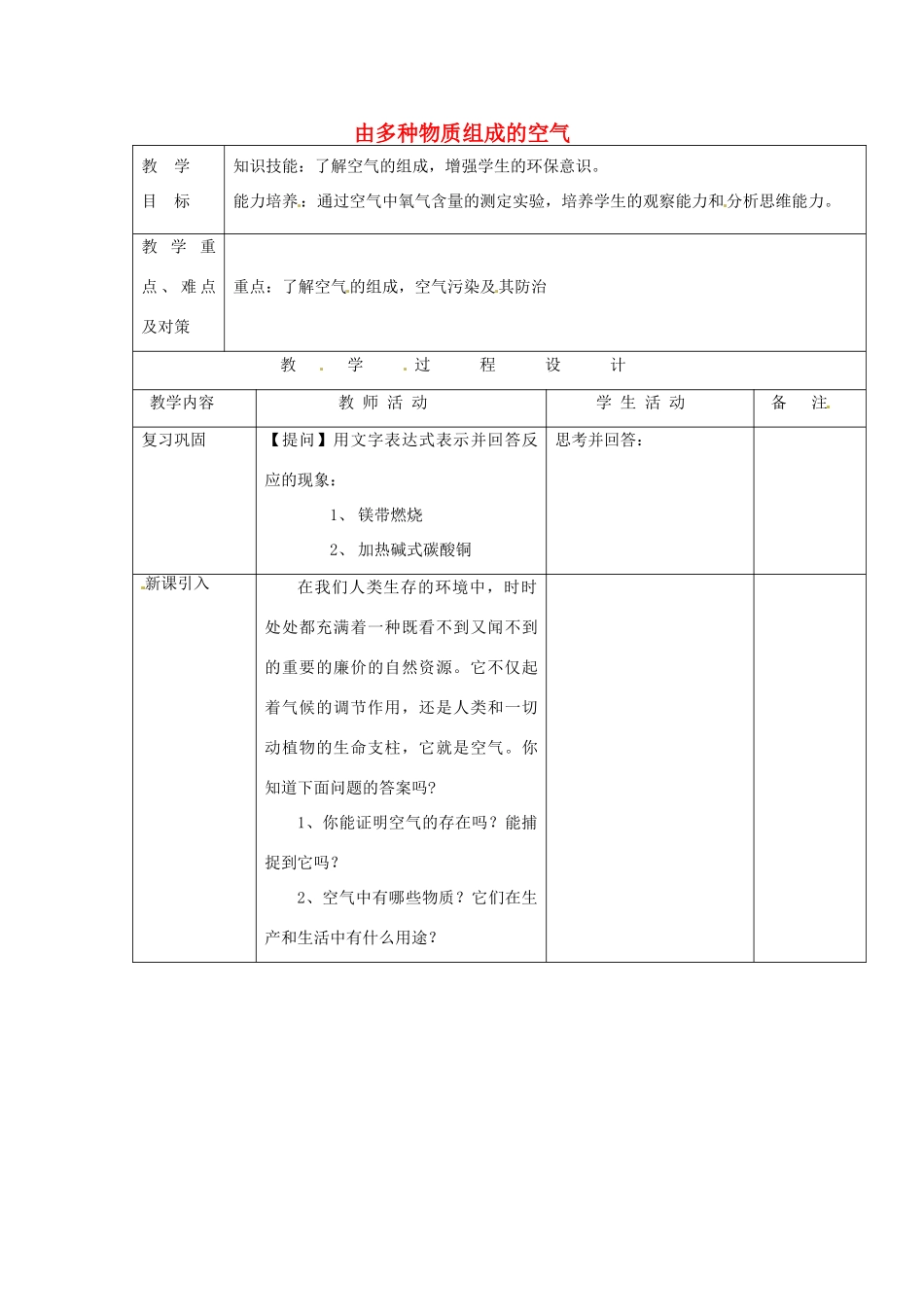 九年级化学 2.1《多种物质组成的空气》教案 沪教版_第1页