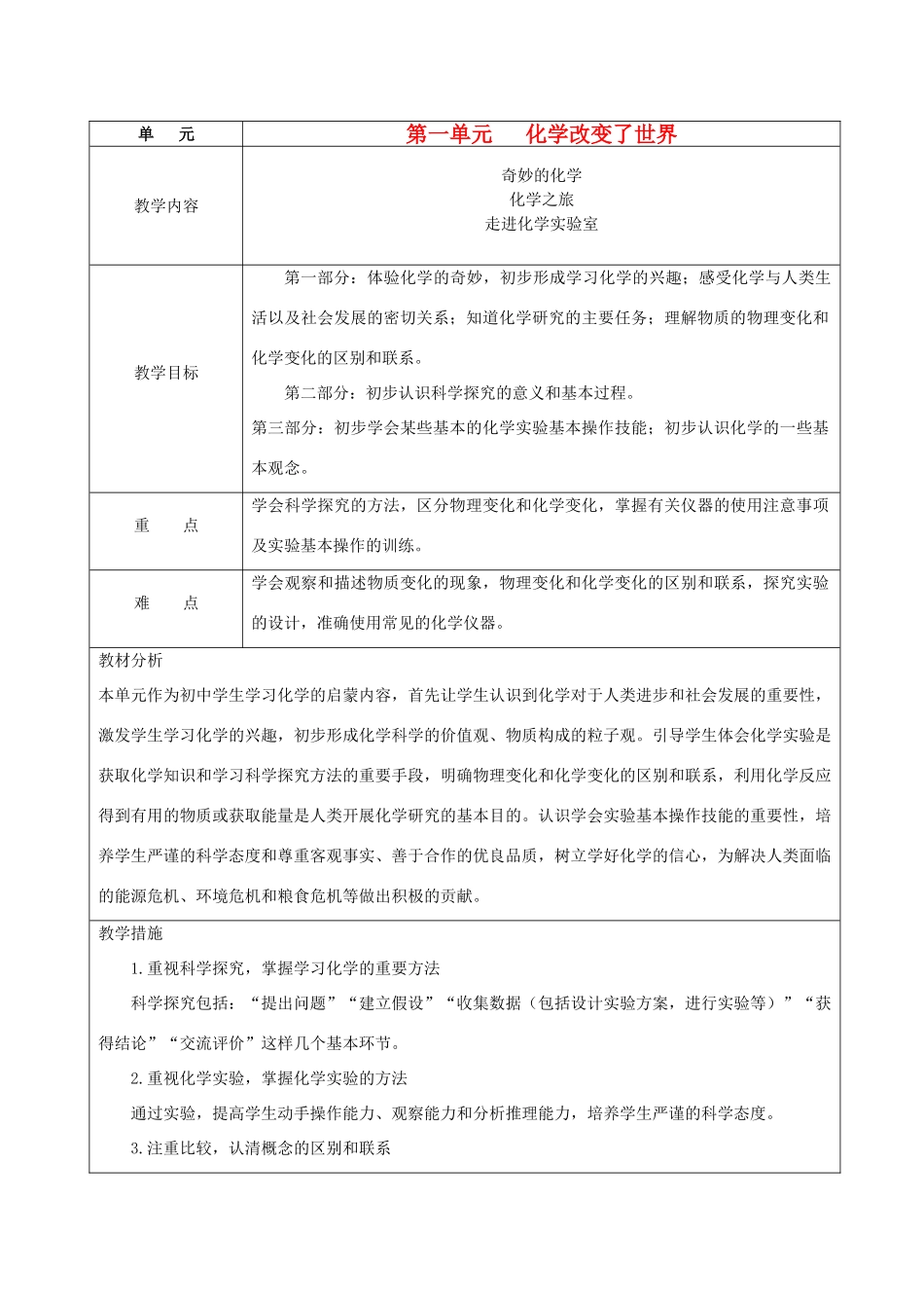 九年级化学 单元1化学改变了世界教案 鲁教版_第1页